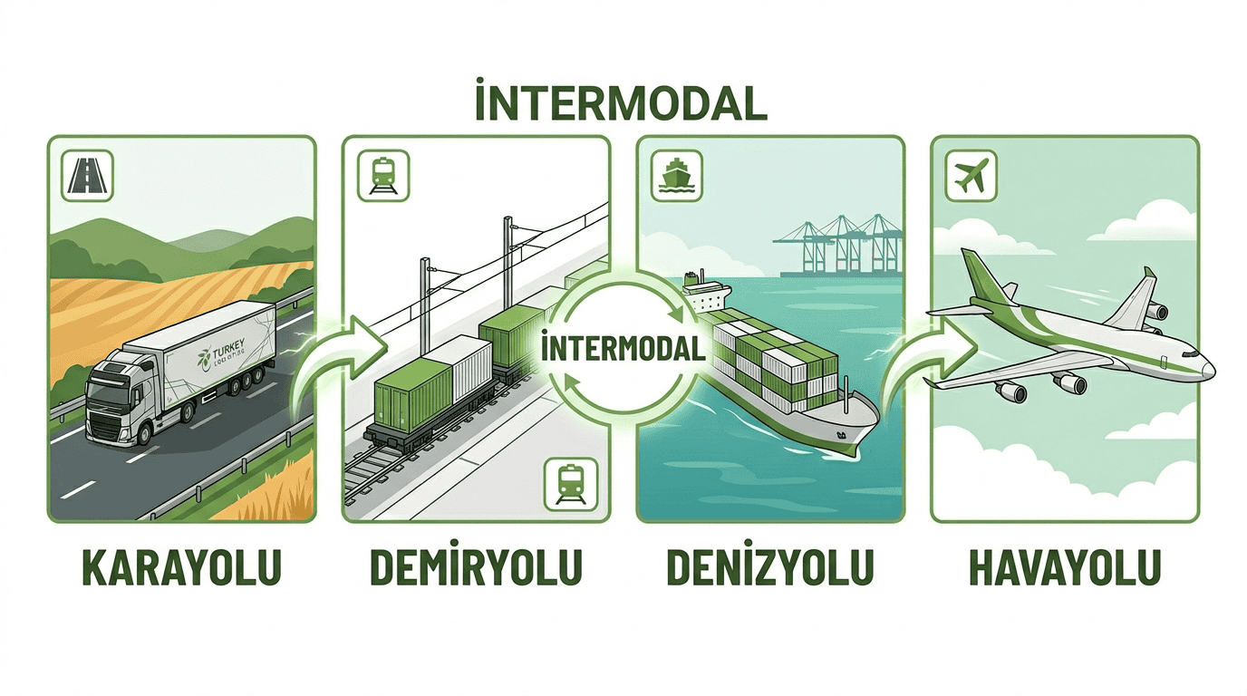 Lojistik türleri karayolu denizyolu havayolu demiryolu intermodal taşımacılık şeması